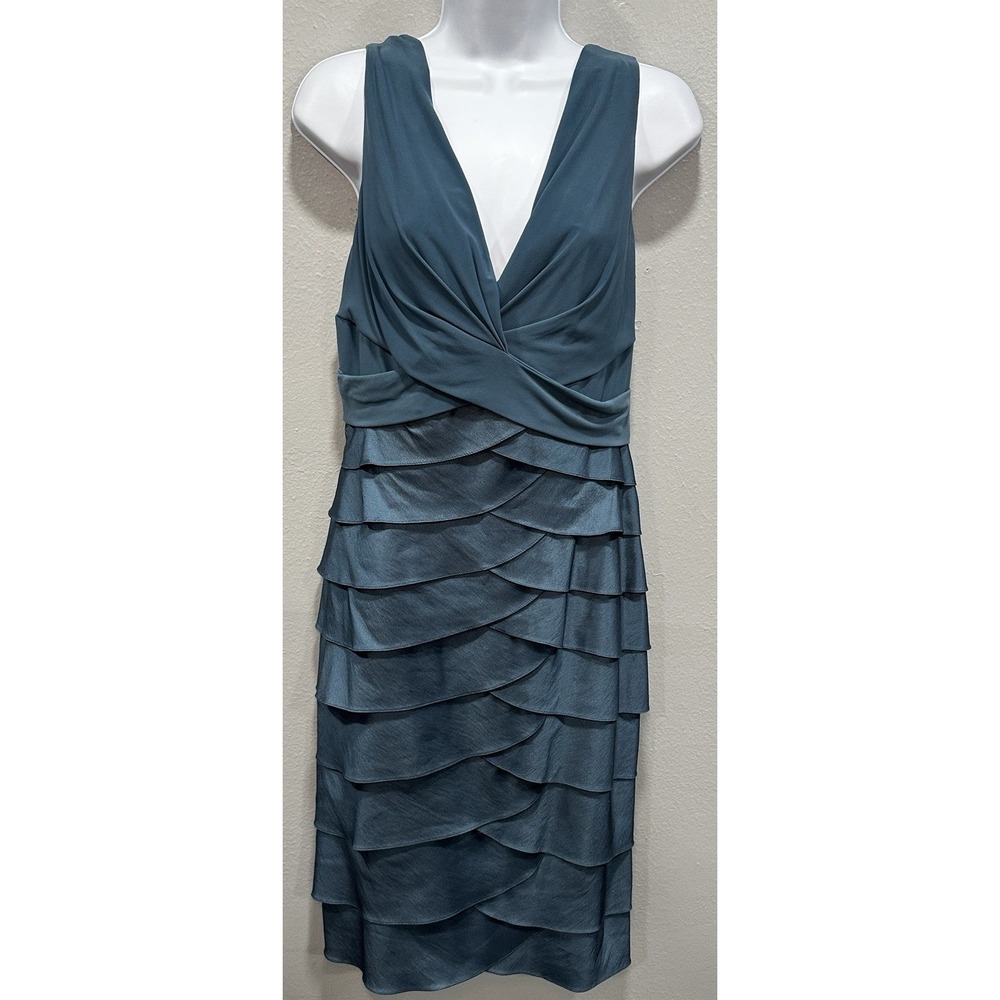 Adrianna Papell Midi Dress 12 Cadet Blue Sleeveless Stretch Layered Zip Formal
